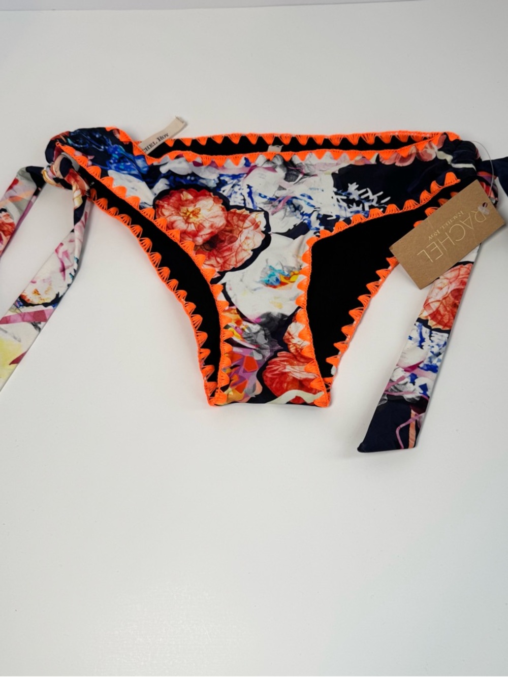 RACHEL Floral Tie-Side Bikini Bottom in Black with Neon Orange Trim